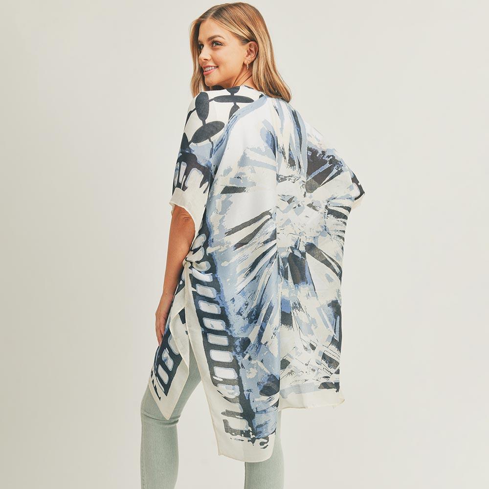Beige Abstract Pattern Print Cover Up Kimono Poncho - Jewelry Store by Erik Rayo