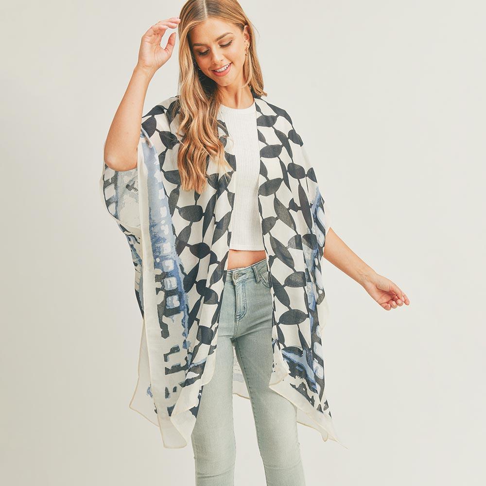 Beige Abstract Pattern Print Cover Up Kimono Poncho - Jewelry Store by Erik Rayo