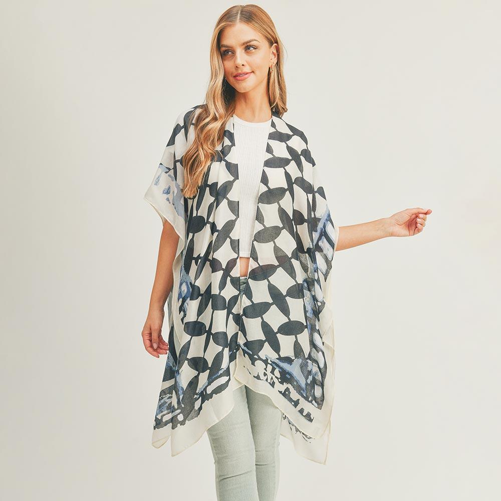 Beige Abstract Pattern Print Cover Up Kimono Poncho - Jewelry Store by Erik Rayo