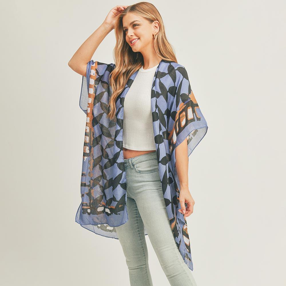 Navy Abstract Pattern Print Cover Up Kimono Poncho - Jewelry Store by Erik Rayo