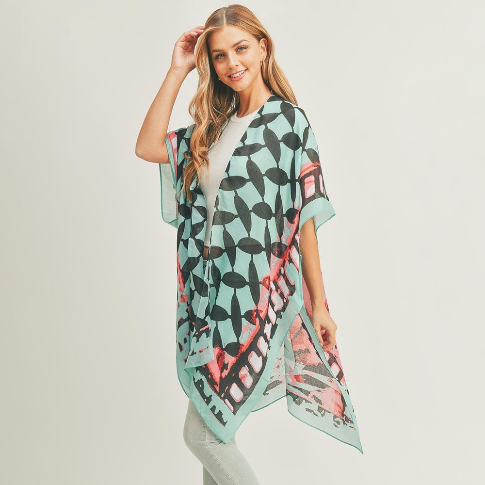 Teal Abstract Pattern Print Cover Up Kimono Poncho - Jewelry Store by Erik Rayo