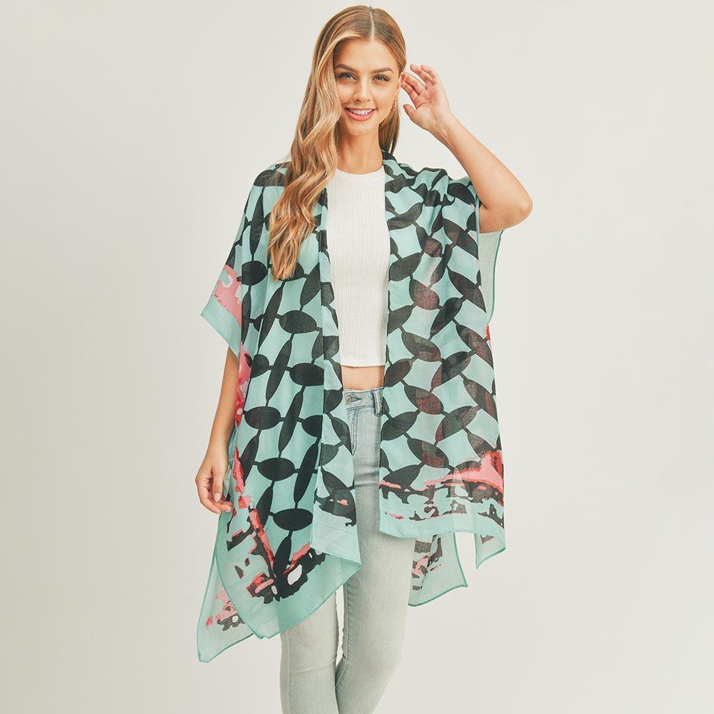 Teal Abstract Pattern Print Cover Up Kimono Poncho - Jewelry Store by Erik Rayo