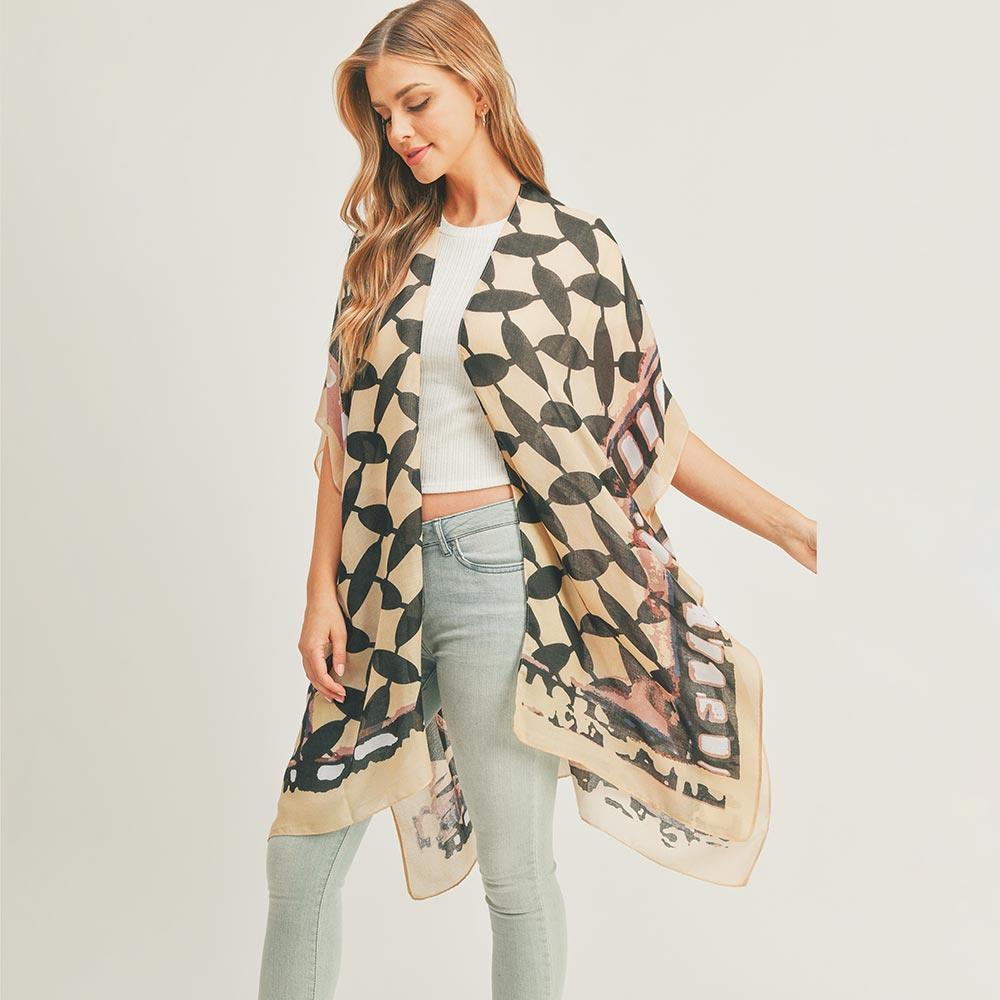 Taupe Abstract Pattern Print Cover Up Kimono Poncho - Jewelry Store by Erik Rayo