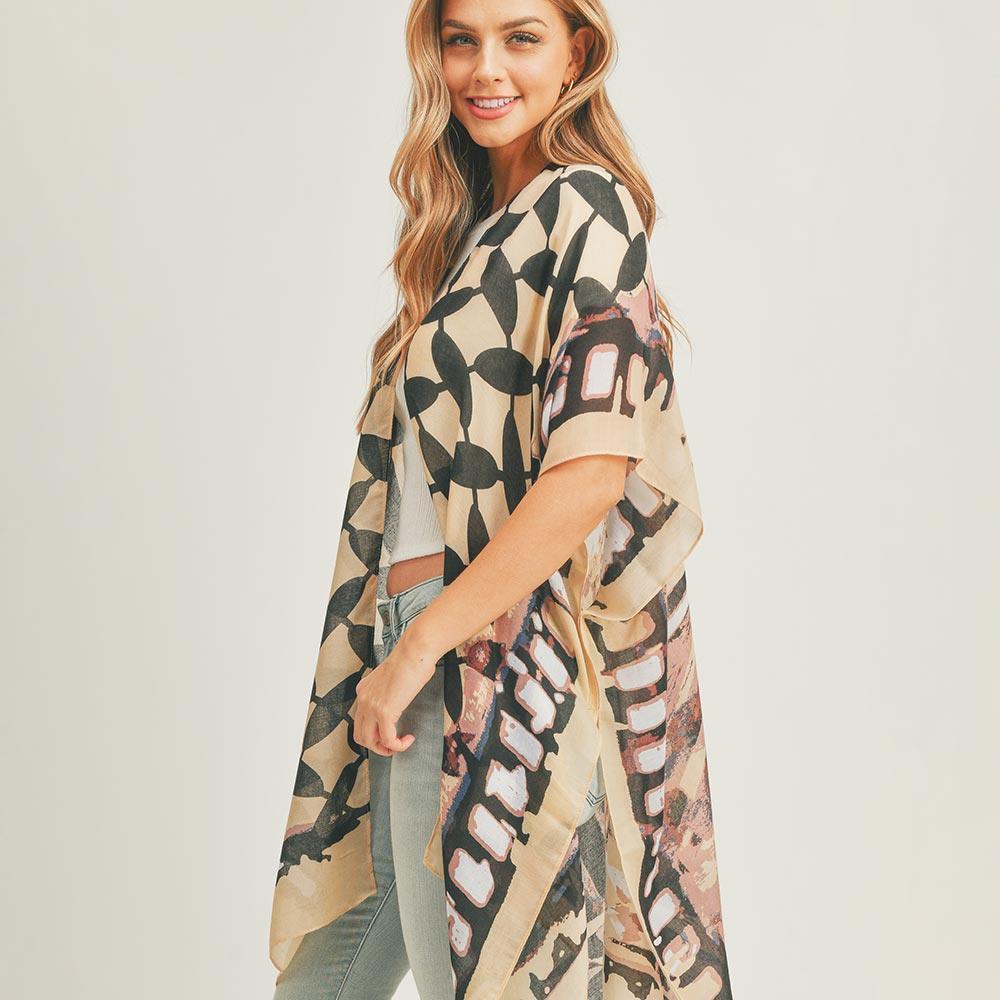 Taupe Abstract Pattern Print Cover Up Kimono Poncho - Jewelry Store by Erik Rayo