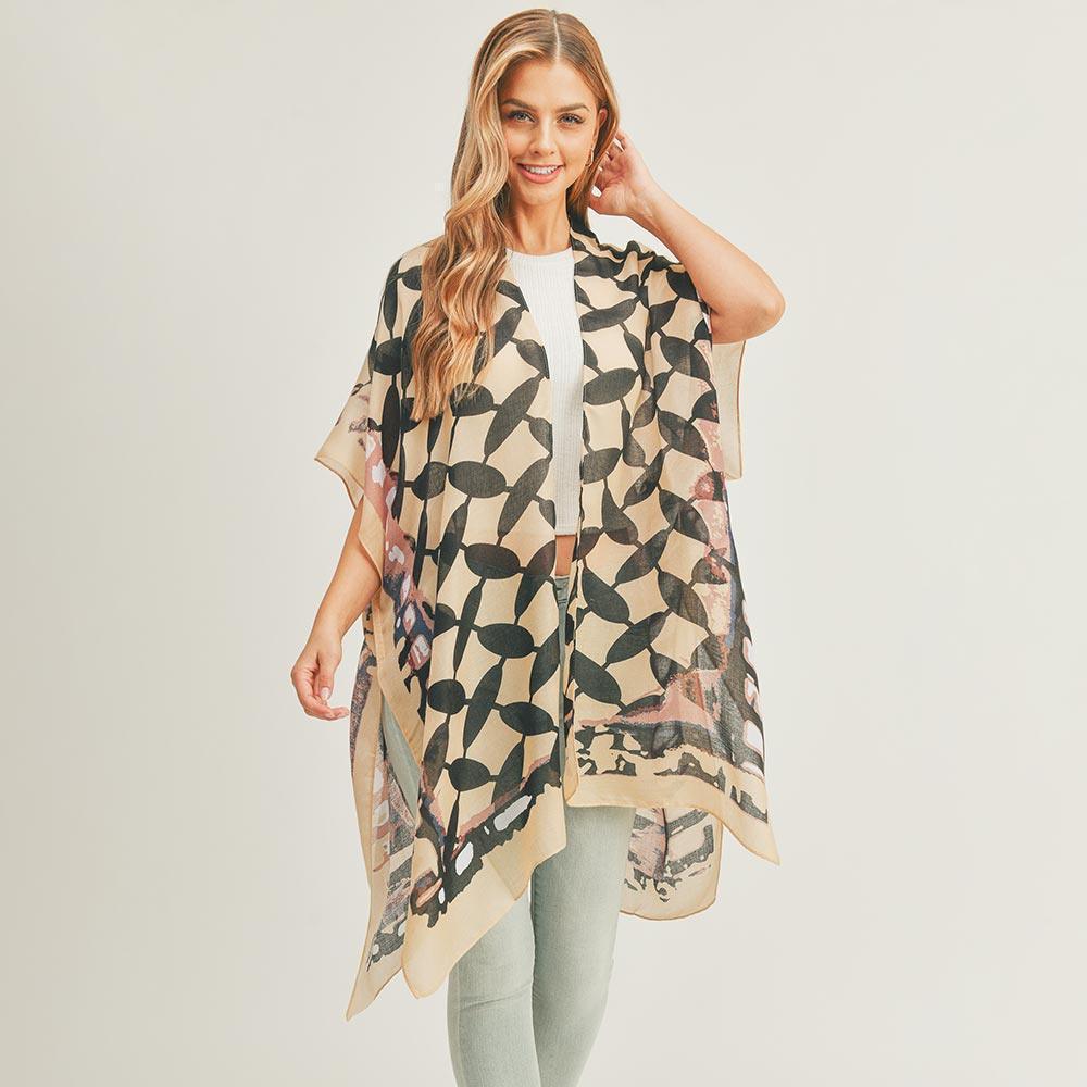 Taupe Abstract Pattern Print Cover Up Kimono Poncho - Jewelry Store by Erik Rayo