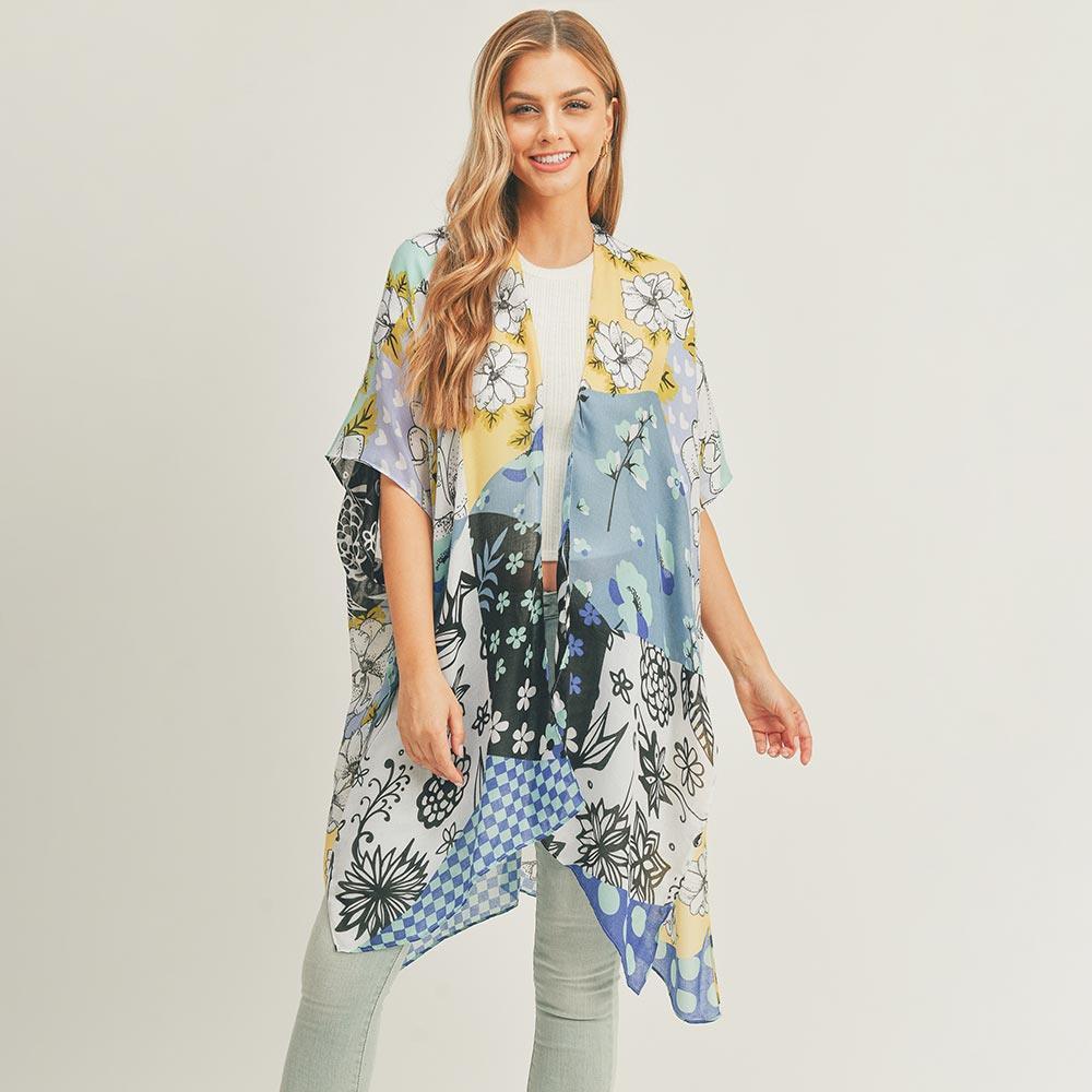 Blue Flower Print Cover Up Kimono Poncho - Jewelry Store by Erik Rayo
