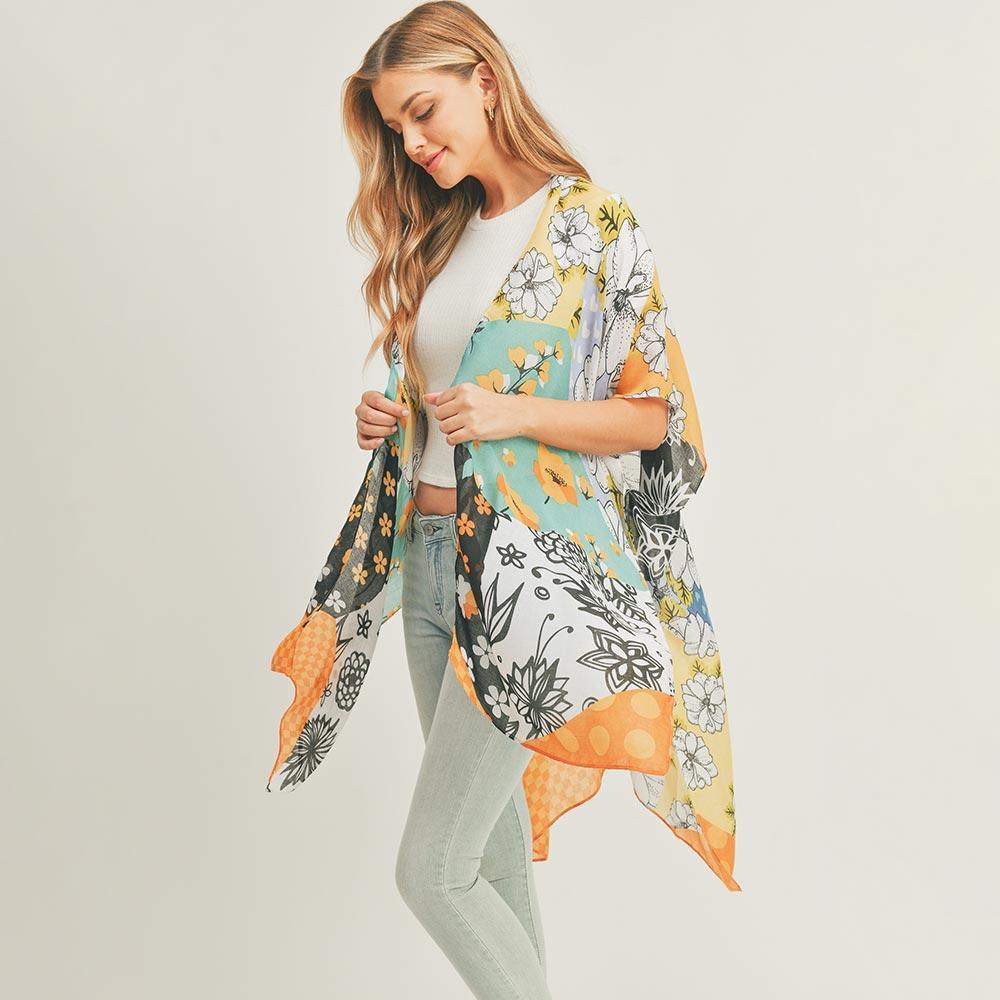 Turquoise Flower Print Cover Up Kimono Poncho - Jewelry Store by Erik Rayo