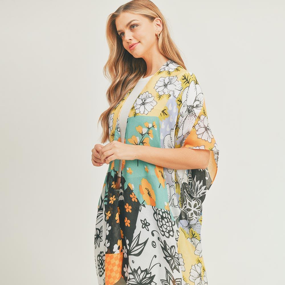Turquoise Flower Print Cover Up Kimono Poncho - Jewelry Store by Erik Rayo