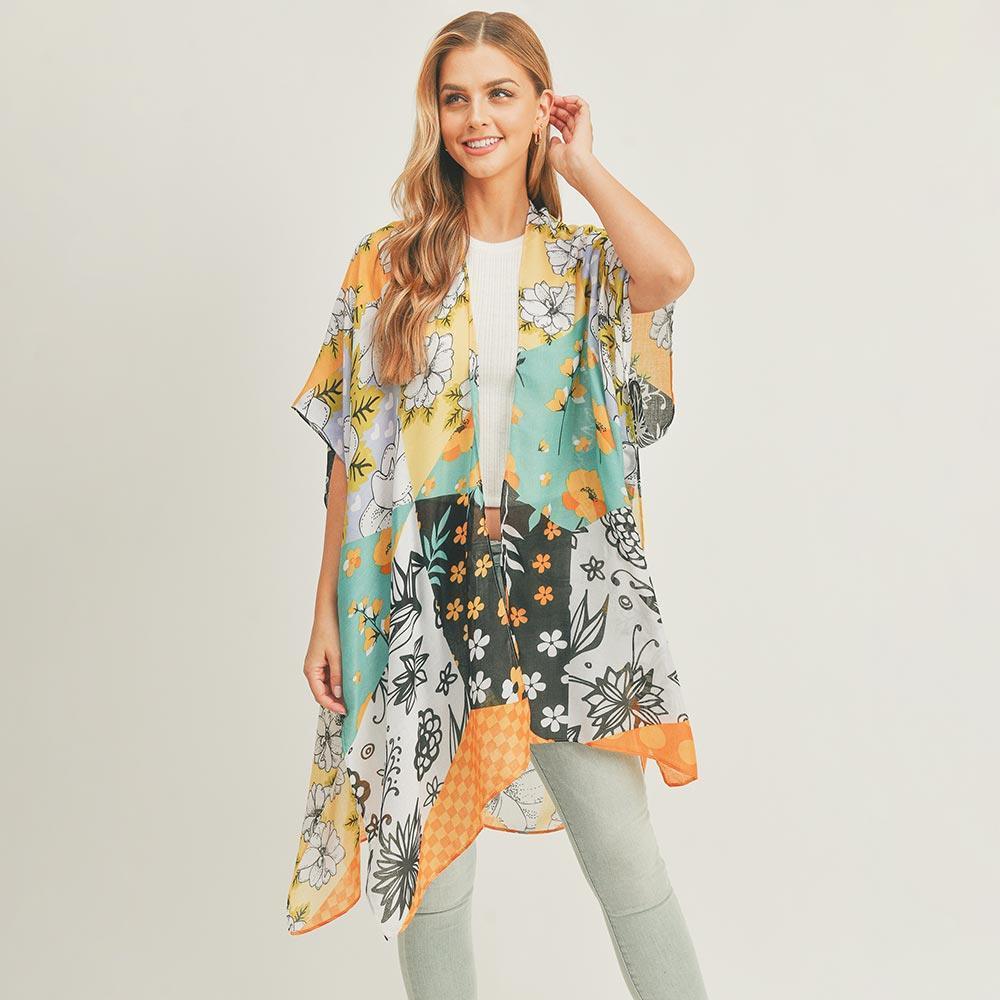 Turquoise Flower Print Cover Up Kimono Poncho - Jewelry Store by Erik Rayo
