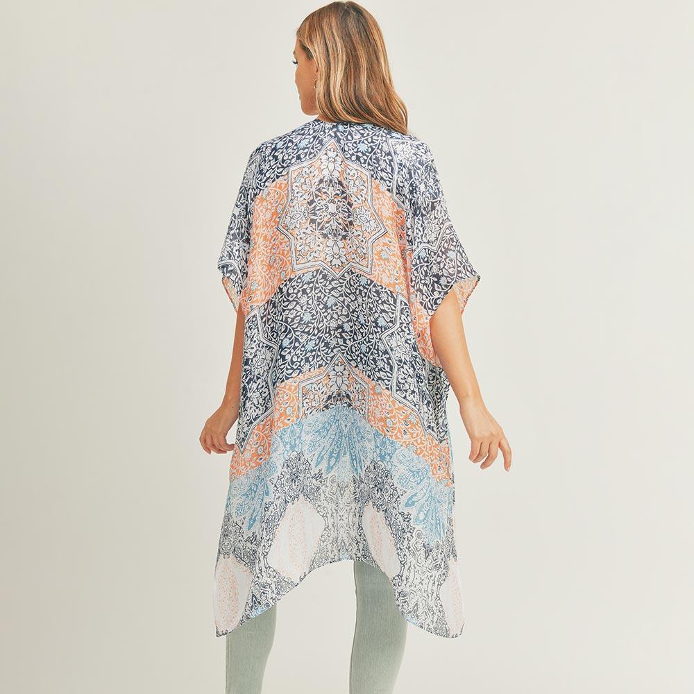 Peach Floral Leaf Patterned Cover Up Kimono Poncho - Jewelry Store by Erik Rayo