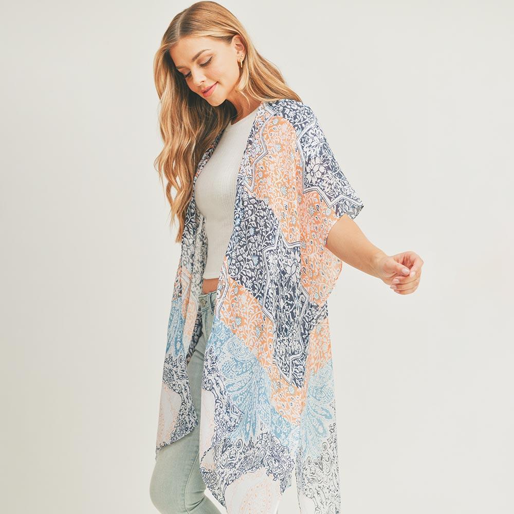 Peach Floral Leaf Patterned Cover Up Kimono Poncho - Jewelry Store by Erik Rayo