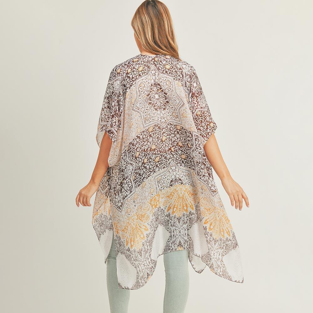 Taupe Floral Leaf Patterned Cover Up Kimono Poncho - Jewelry Store by Erik Rayo