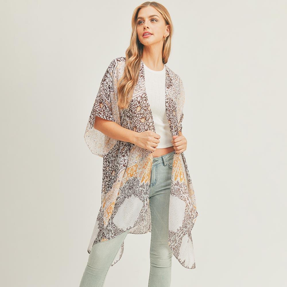 Taupe Floral Leaf Patterned Cover Up Kimono Poncho - Jewelry Store by Erik Rayo