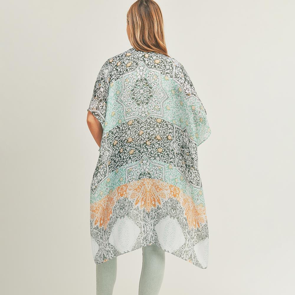 Turquoise Floral Leaf Patterned Cover Up Kimono Poncho - Jewelry Store by Erik Rayo