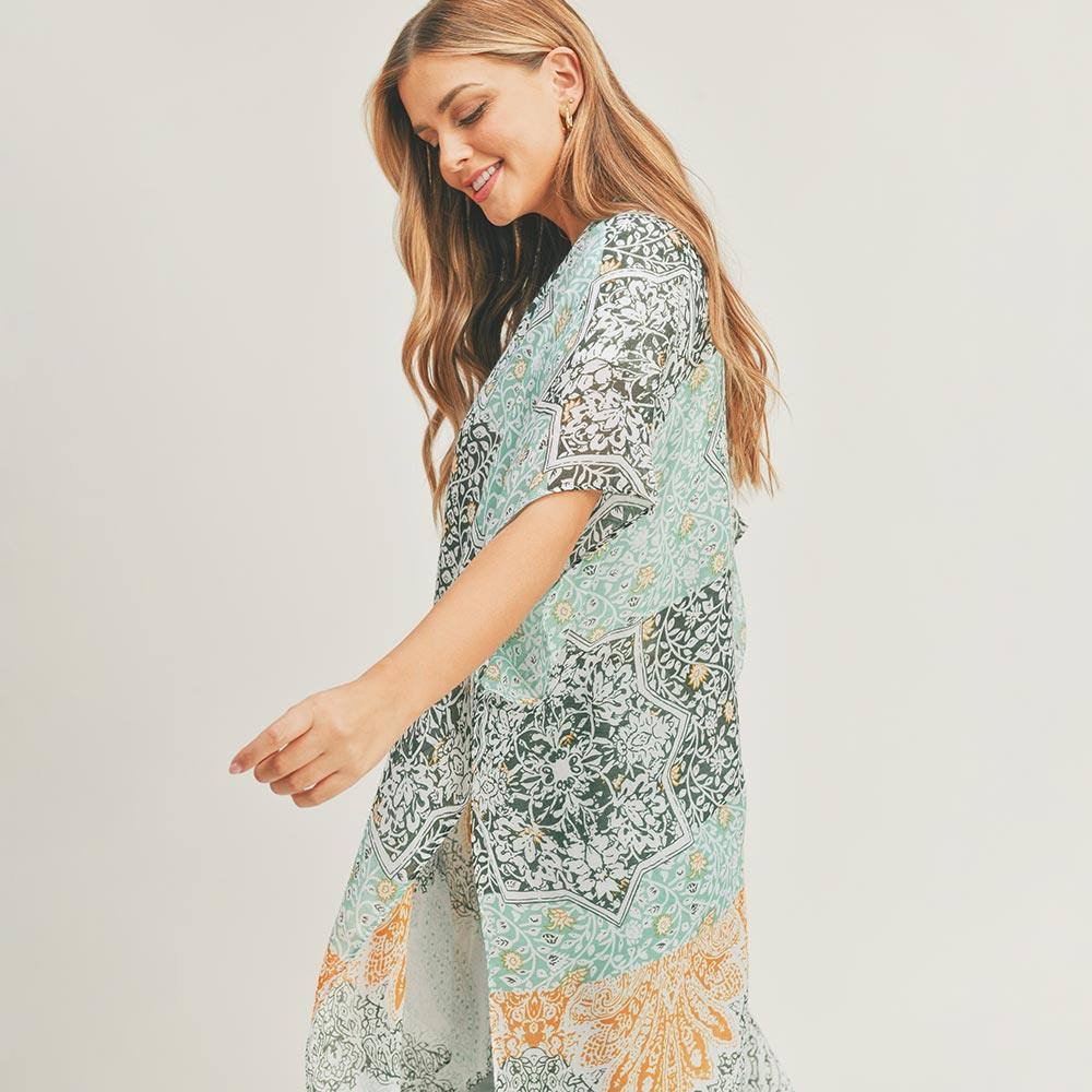 Turquoise Floral Leaf Patterned Cover Up Kimono Poncho - Jewelry Store by Erik Rayo