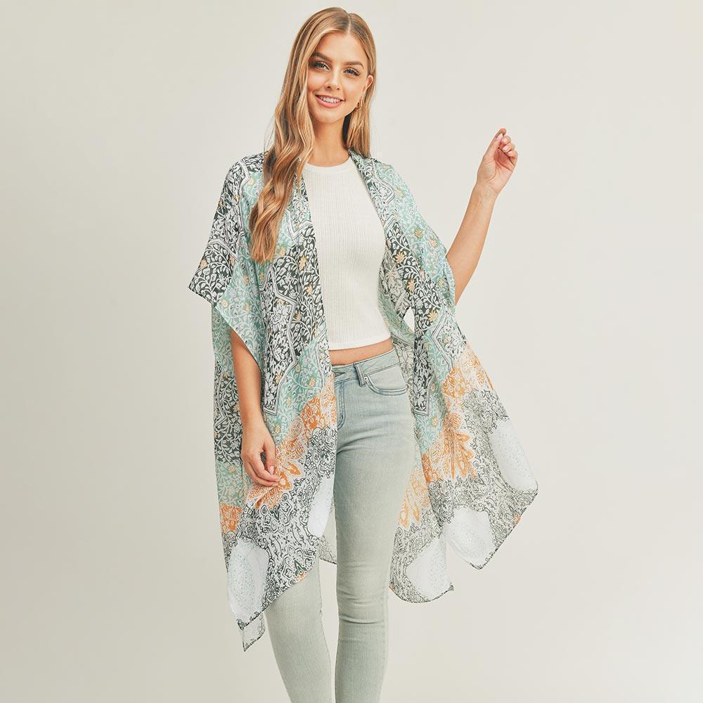 Turquoise Floral Leaf Patterned Cover Up Kimono Poncho - Jewelry Store by Erik Rayo