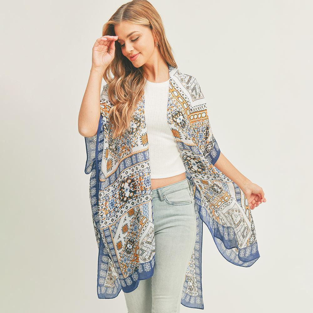 Navy Abstract Patterned Cover Up Kimono Poncho - Jewelry Store by Erik Rayo