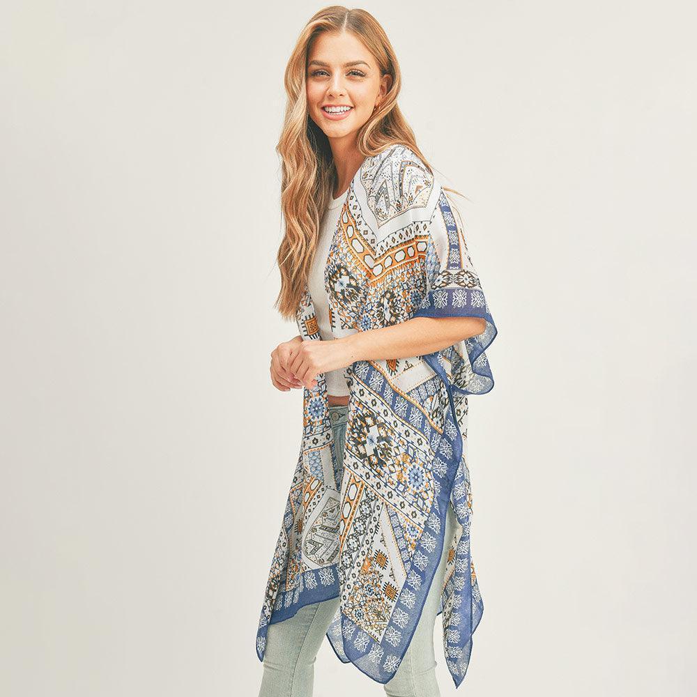 Navy Abstract Patterned Cover Up Kimono Poncho - Jewelry Store by Erik Rayo
