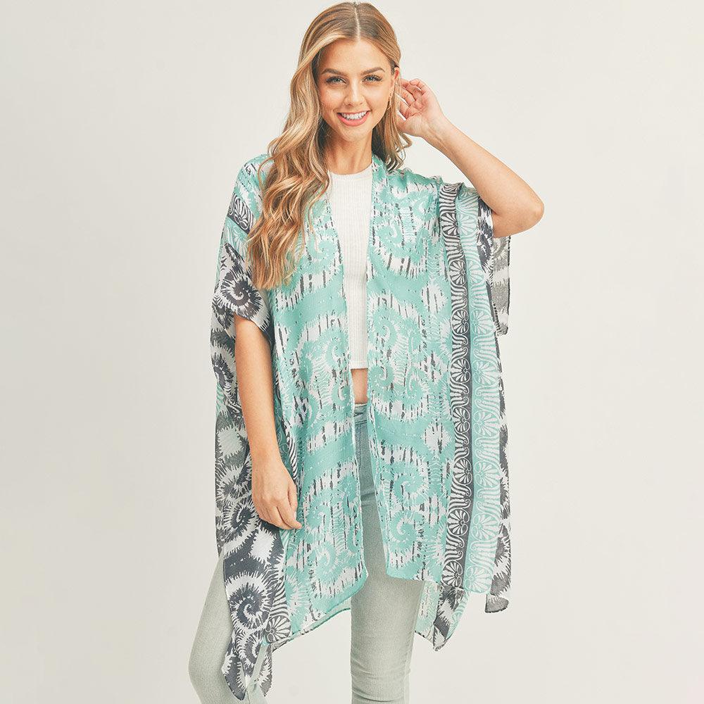 Teal Swirl Patterned Cover Up Kimono Poncho