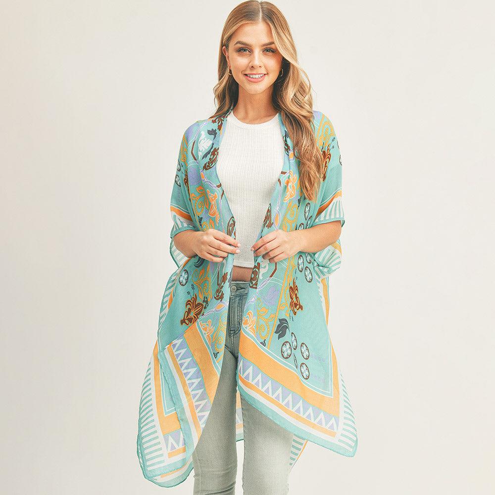 Teal Patterned Cover Up Kimono Poncho