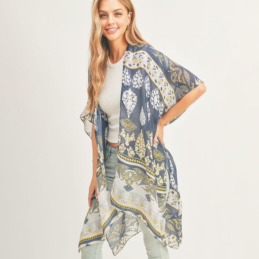 Navy Patterned Cover Up Kimono Poncho - Jewelry Store by Erik Rayo