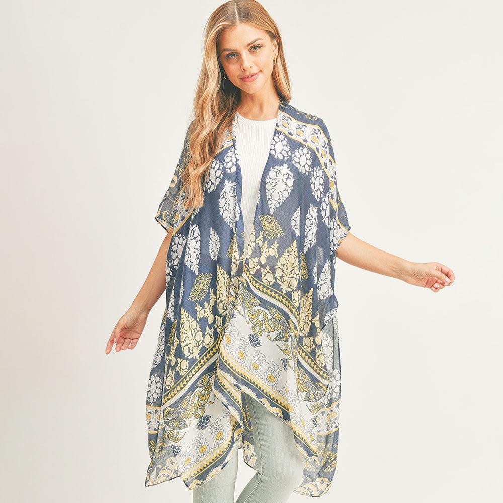 Navy Patterned Cover Up Kimono Poncho - Jewelry Store by Erik Rayo