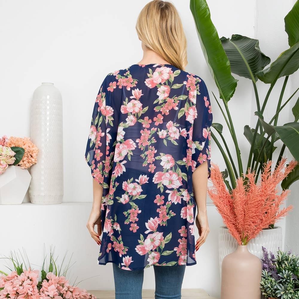 Navy Flower Patterned Cover Up Kimono Poncho - Jewelry Store by Erik Rayo