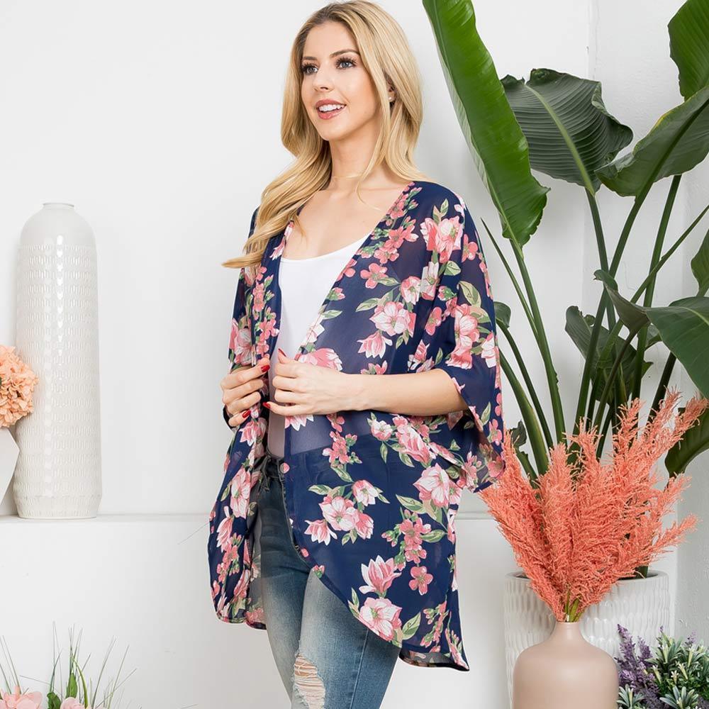 Navy Flower Patterned Cover Up Kimono Poncho - Jewelry Store by Erik Rayo