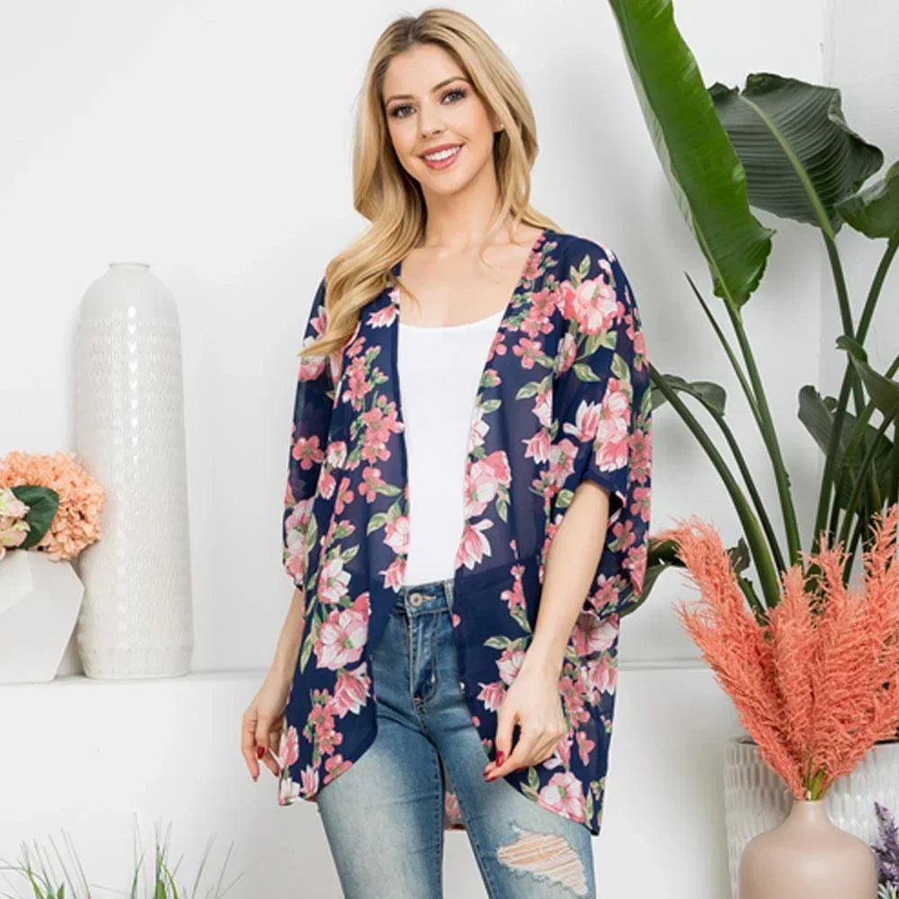 Navy Flower Patterned Cover Up Kimono Poncho - Jewelry Store by Erik Rayo