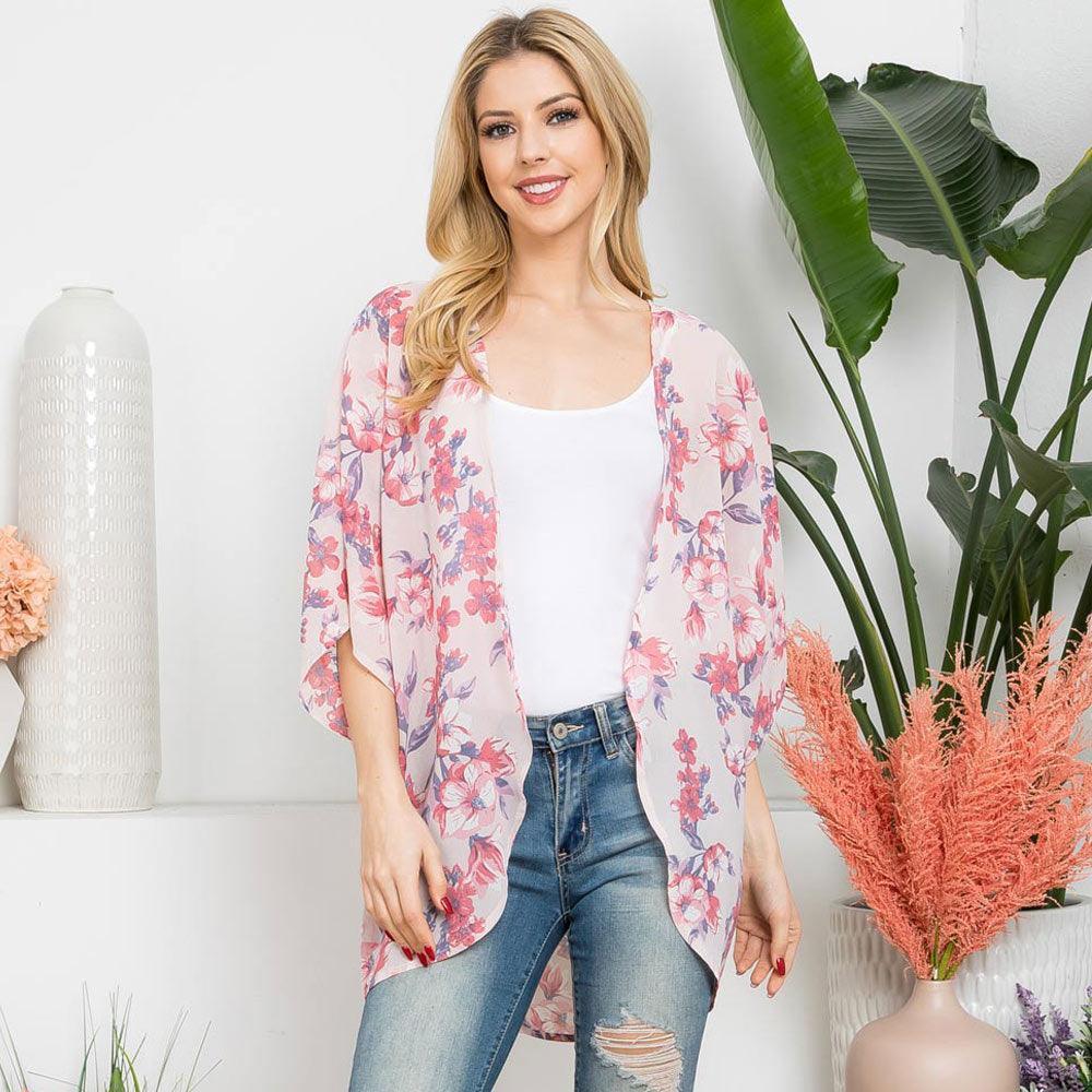 Pink Flower Patterned Cover Up Kimono Poncho - Jewelry Store by Erik Rayo