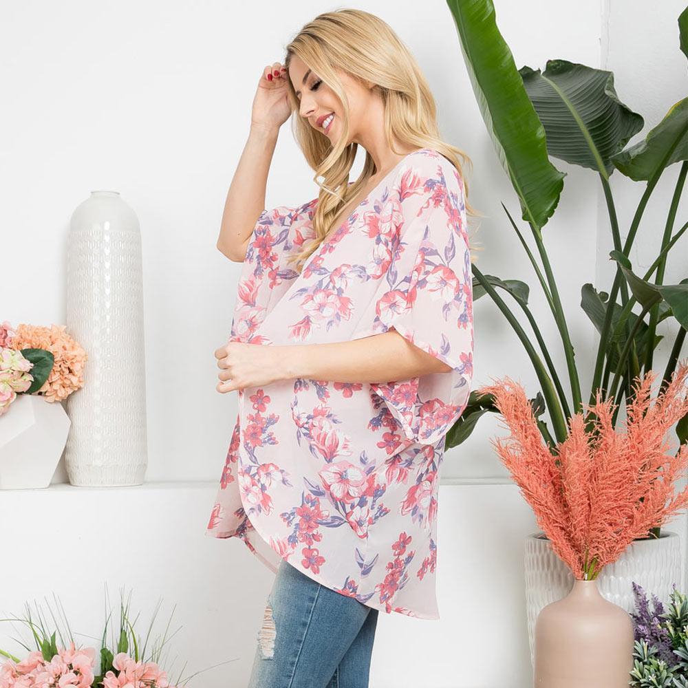 Pink Flower Patterned Cover Up Kimono Poncho - Jewelry Store by Erik Rayo