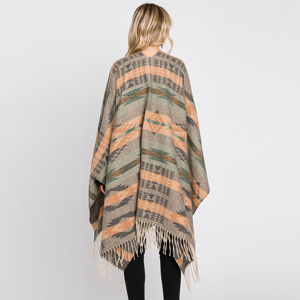 Olive Green Aztec Patterned Fringe Ruana Poncho - Jewelry Store by Erik Rayo