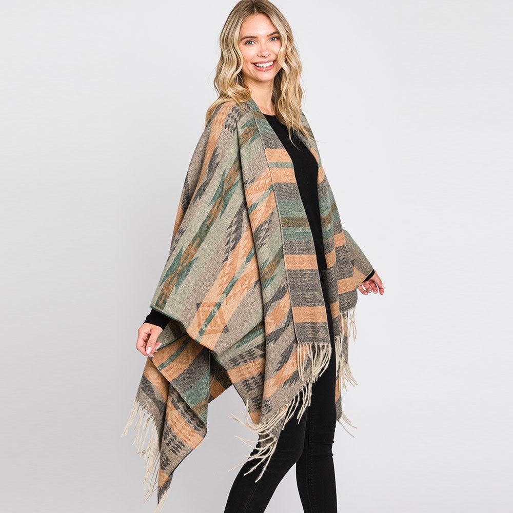 Olive Green Aztec Patterned Fringe Ruana Poncho - Jewelry Store by Erik Rayo