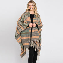 Load image into Gallery viewer, Olive Green Aztec Patterned Fringe Ruana Poncho
