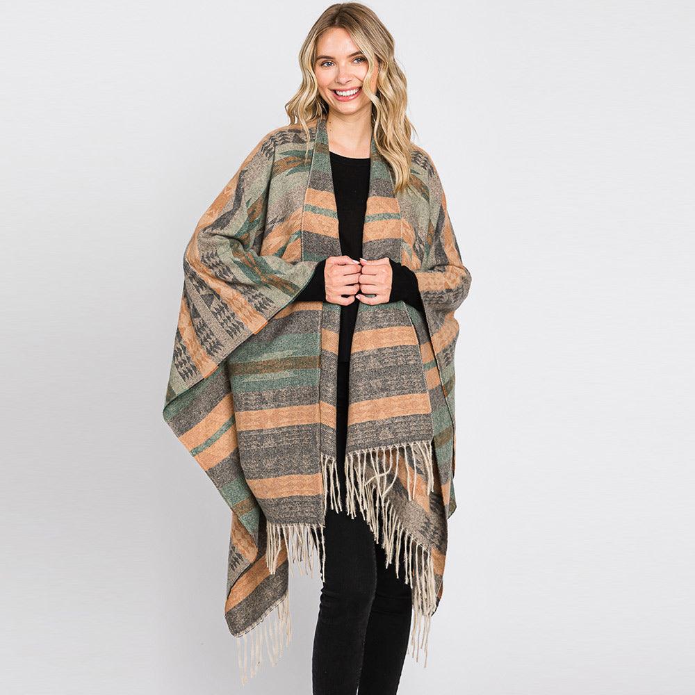 Olive Green Aztec Patterned Fringe Ruana Poncho