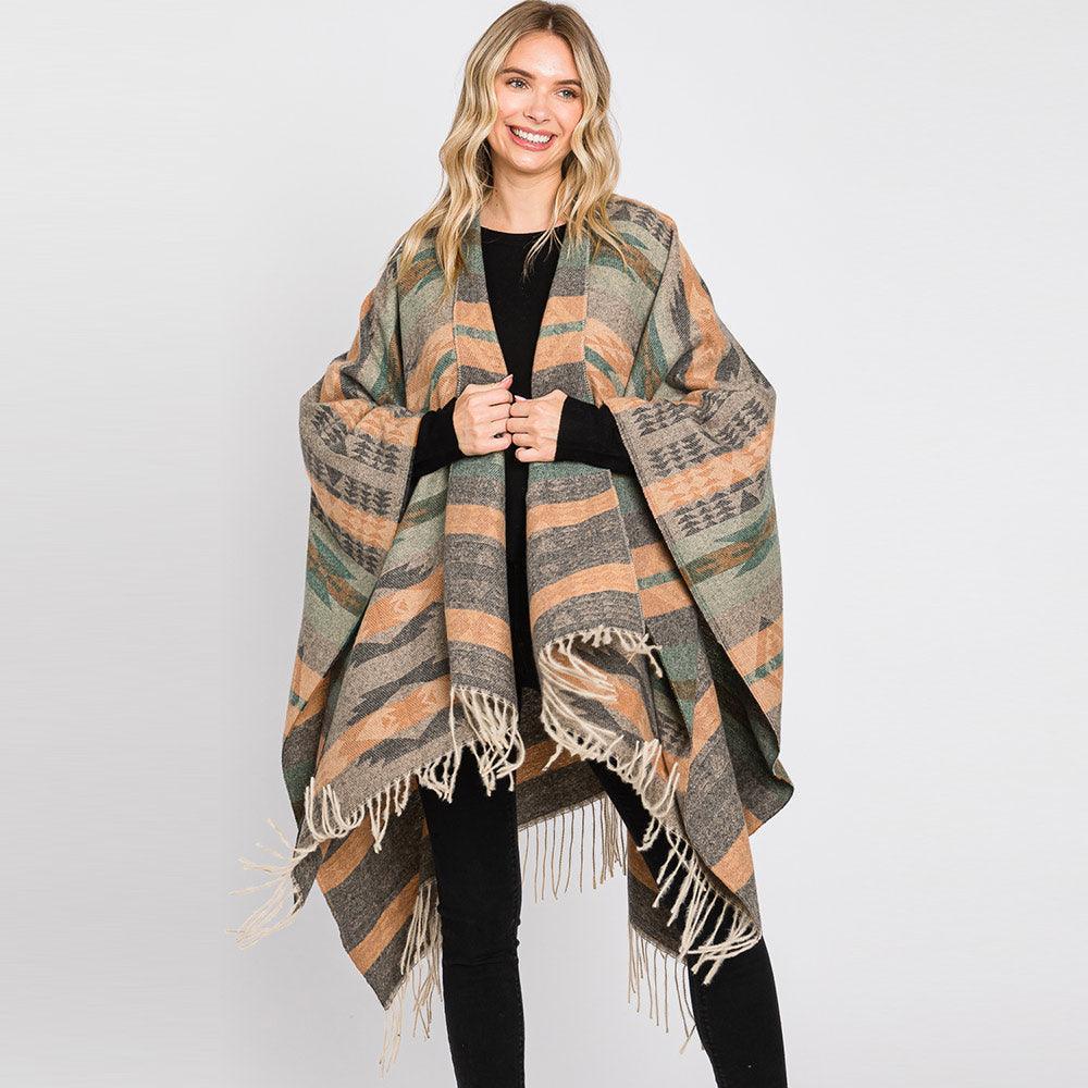 Olive Green Aztec Patterned Fringe Ruana Poncho - Jewelry Store by Erik Rayo