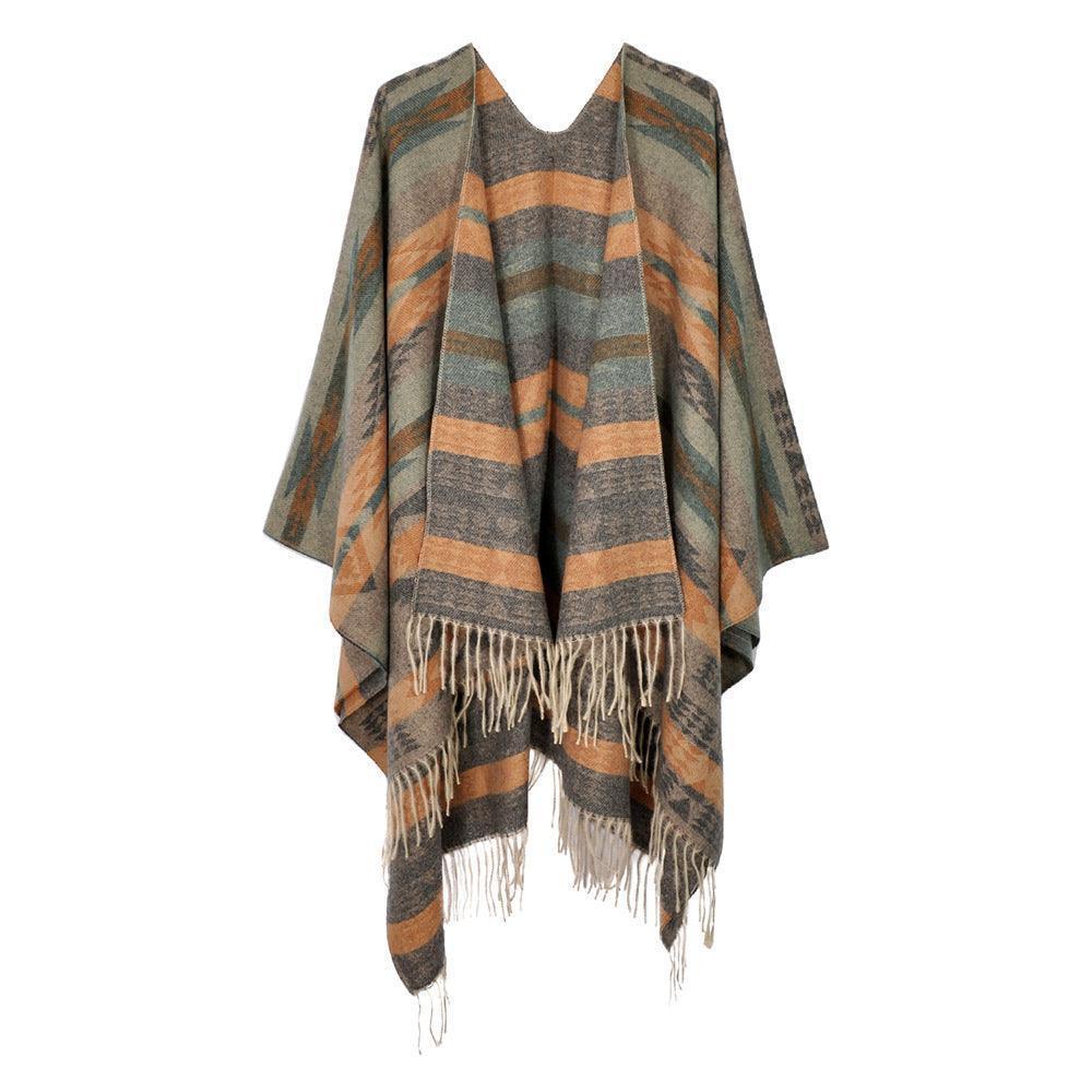 Olive Green Aztec Patterned Fringe Ruana Poncho - Jewelry Store by Erik Rayo