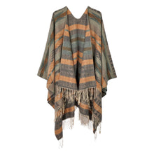 Load image into Gallery viewer, Olive Green Aztec Patterned Fringe Ruana Poncho
