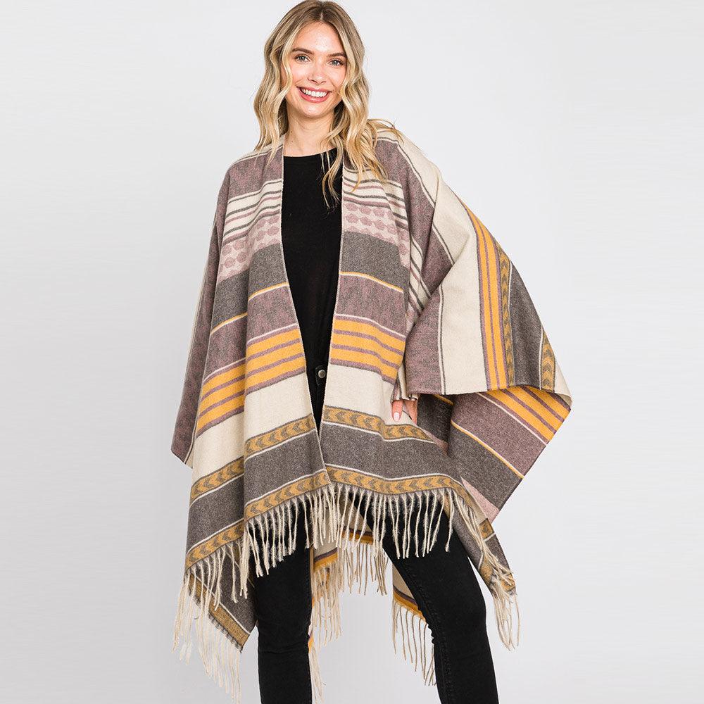 Purple Aztec Patterned Fringe Ruana Poncho