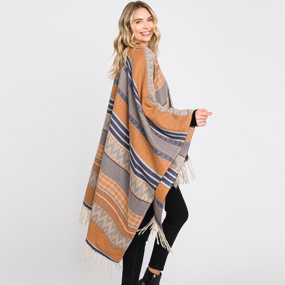 Taupe Aztec Patterned Fringe Ruana Poncho