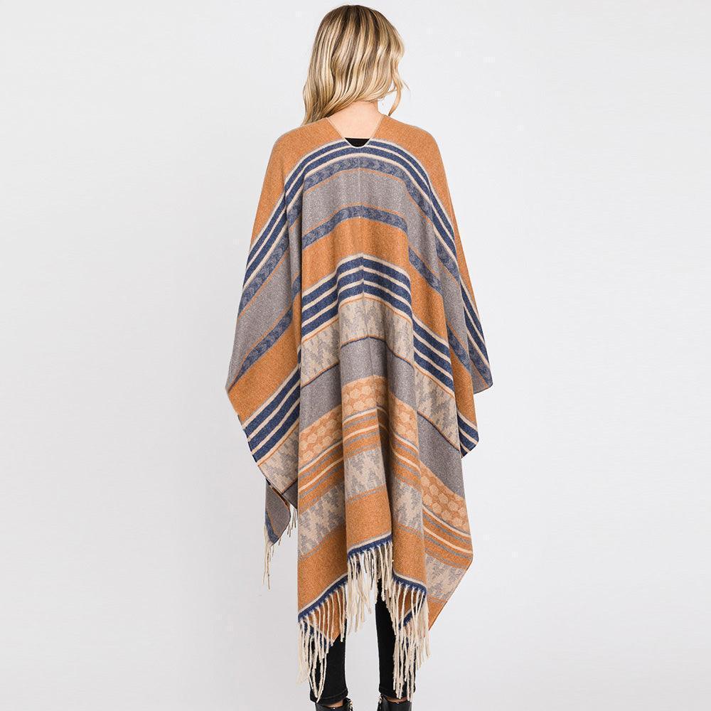 Taupe Aztec Patterned Fringe Ruana Poncho - Jewelry Store by Erik Rayo