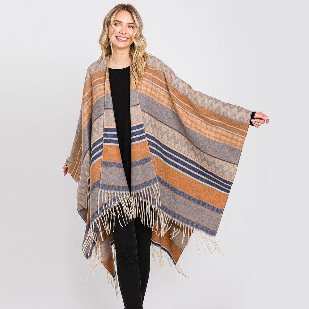 Taupe Aztec Patterned Fringe Ruana Poncho - Jewelry Store by Erik Rayo