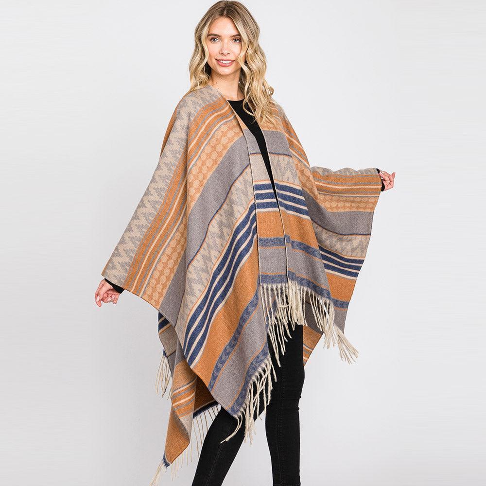 Taupe Aztec Patterned Fringe Ruana Poncho - Jewelry Store by Erik Rayo