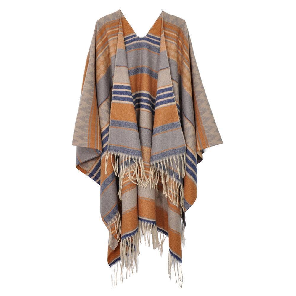 Taupe Aztec Patterned Fringe Ruana Poncho - Jewelry Store by Erik Rayo