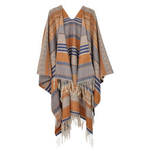 Load image into Gallery viewer, Taupe Aztec Patterned Fringe Ruana Poncho
