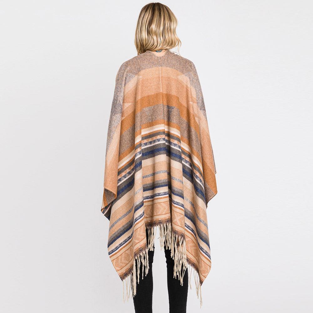 Taupe Aztec Patterned Fringe Ruana Poncho - Jewelry Store by Erik Rayo
