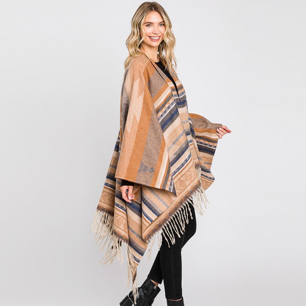 Taupe Aztec Patterned Fringe Ruana Poncho - Jewelry Store by Erik Rayo
