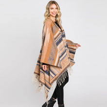 Load image into Gallery viewer, Taupe Aztec Patterned Fringe Ruana Poncho
