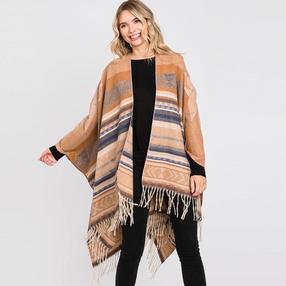 Taupe Aztec Patterned Fringe Ruana Poncho - Jewelry Store by Erik Rayo
