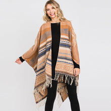 Load image into Gallery viewer, Taupe Aztec Patterned Fringe Ruana Poncho
